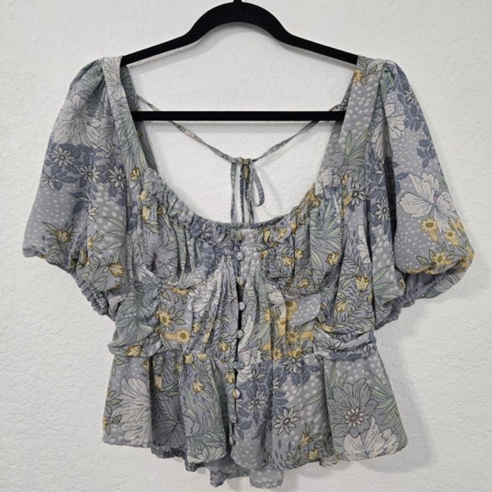 ASTR‎ M Clairmont Printed Peplum Top Puff Sleeve Square Neck Tie Back Blouse